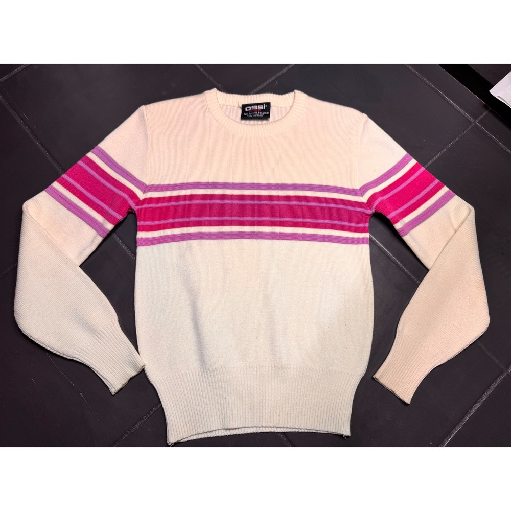 Vintage 80s OSSI Skiwear Pink Striped Crewneck Sweater Wool Blend Retro Alpine S